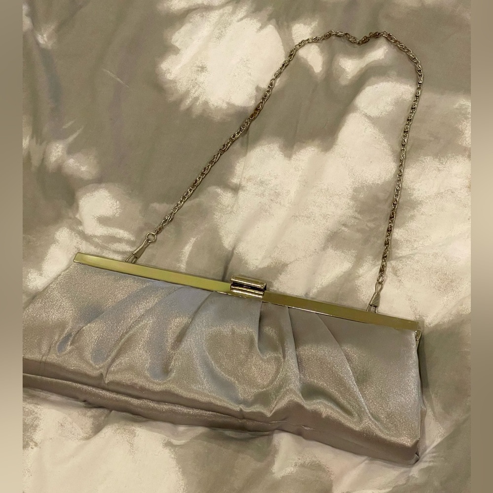 Jessica McClintok Silver Clutch with‎ Metal Handle Clasp Close 5 1/4”x 11 1/2”
